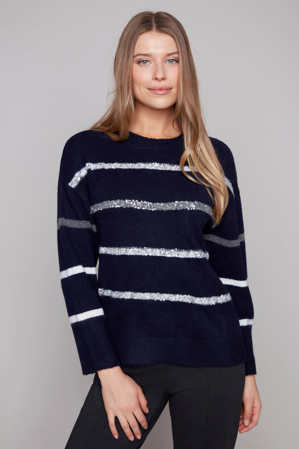 Carre Noir Navy Striped Sequin Detail Sweater
