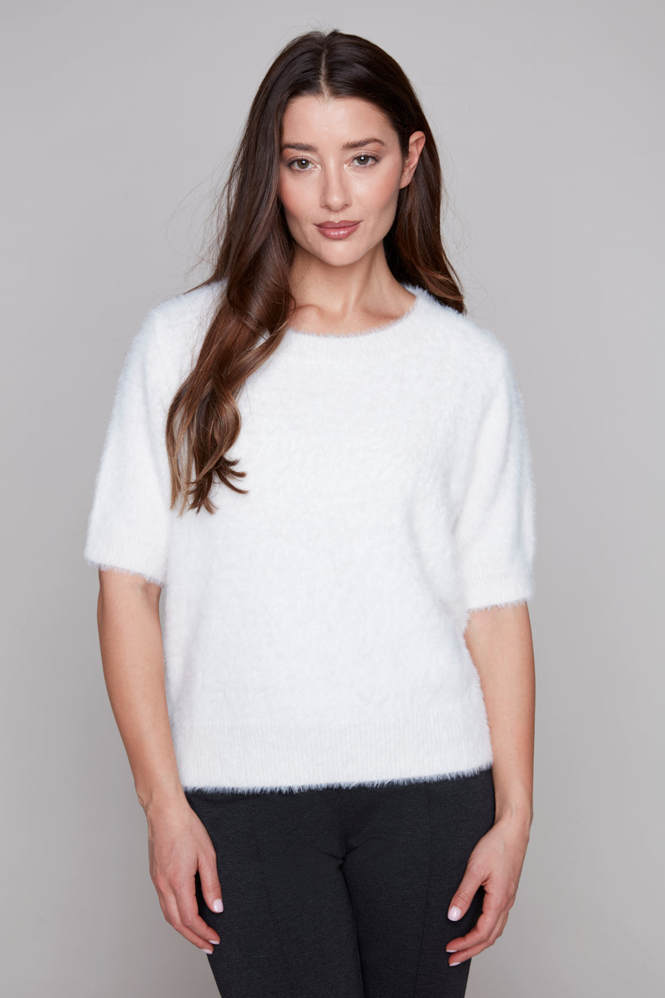 Carre Noir  Featherlight Fuzzy Short Sleeve Sweater