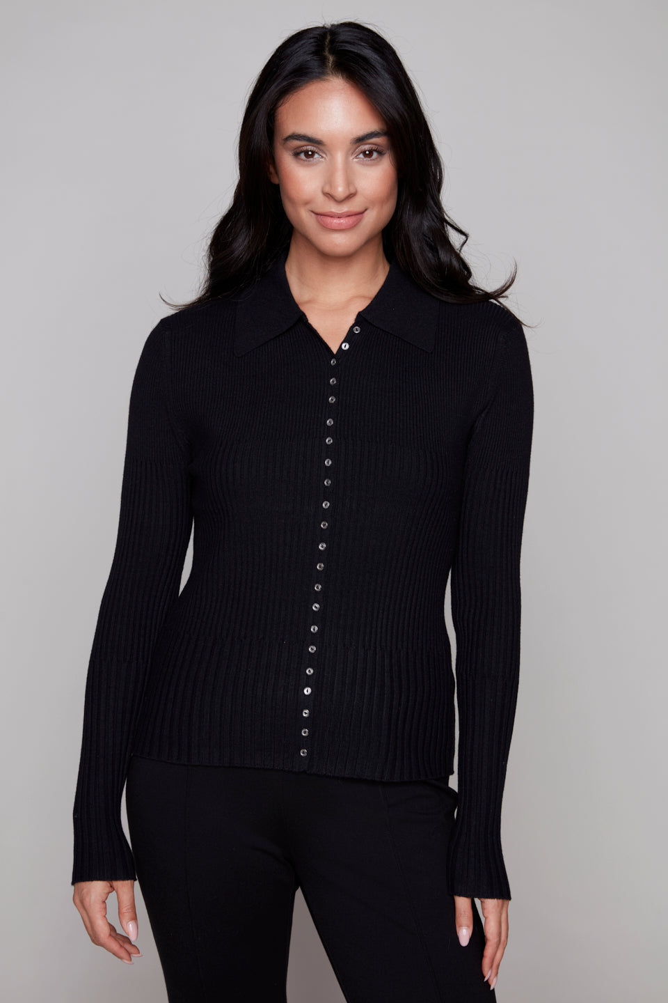 Carre Noir Collared Ribbed Knit Cardigan