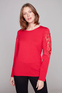 Carre Noir  Embellished Lace Sleeve Pullover