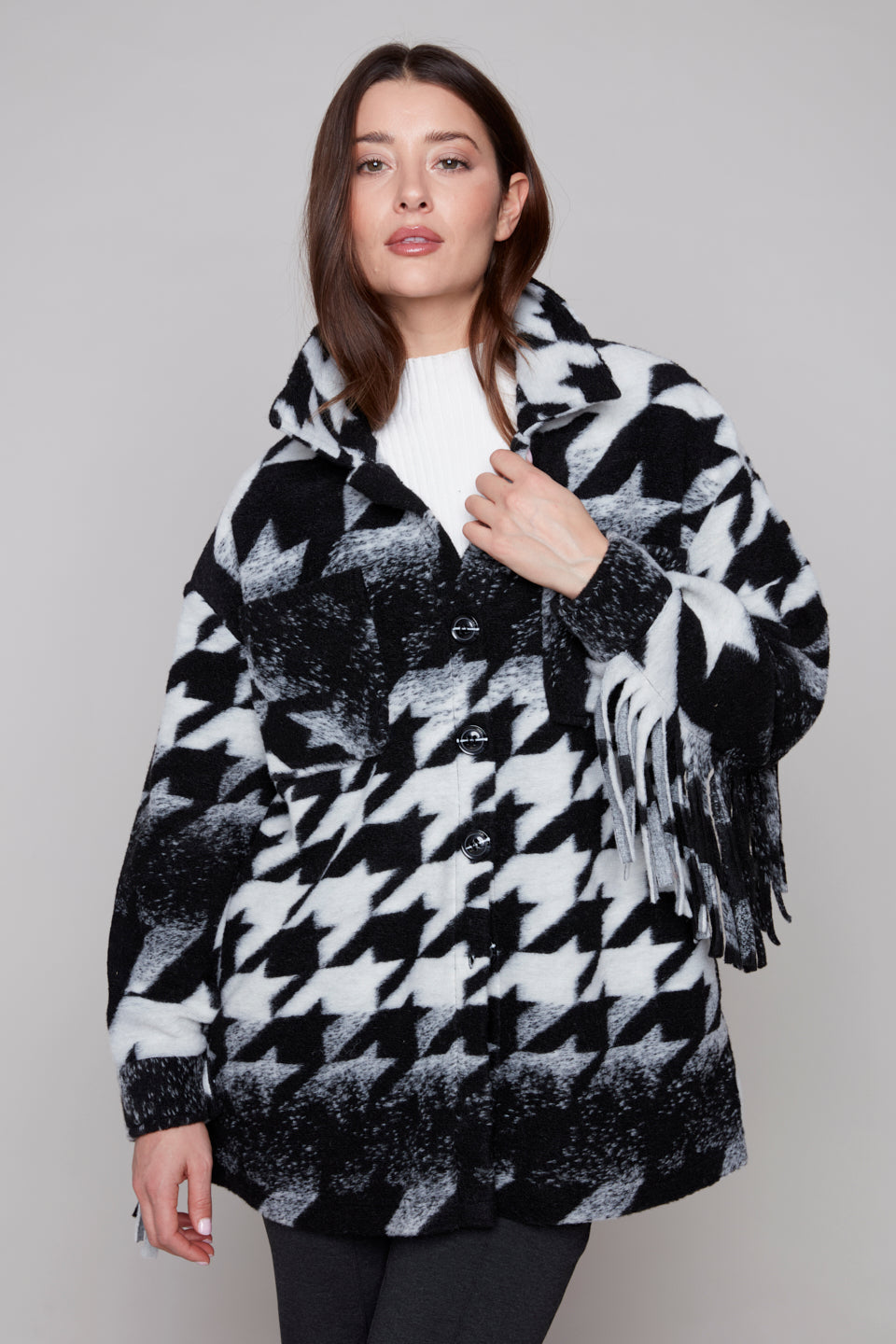 Carre Noir Houndstooth Fringe Coat